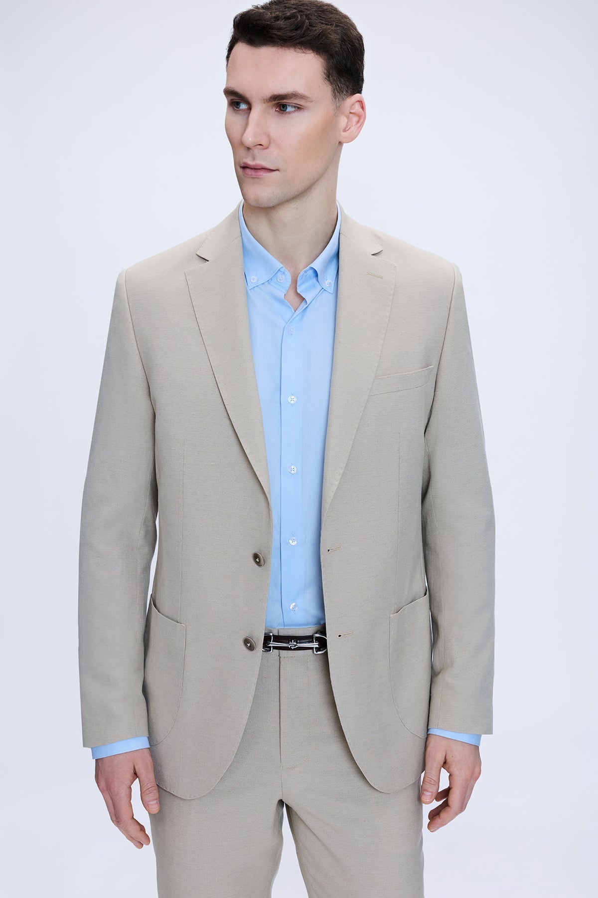Beige slim fit mink linen-blend tailored suit jacket with notch lapel and two-button closure for casual wear