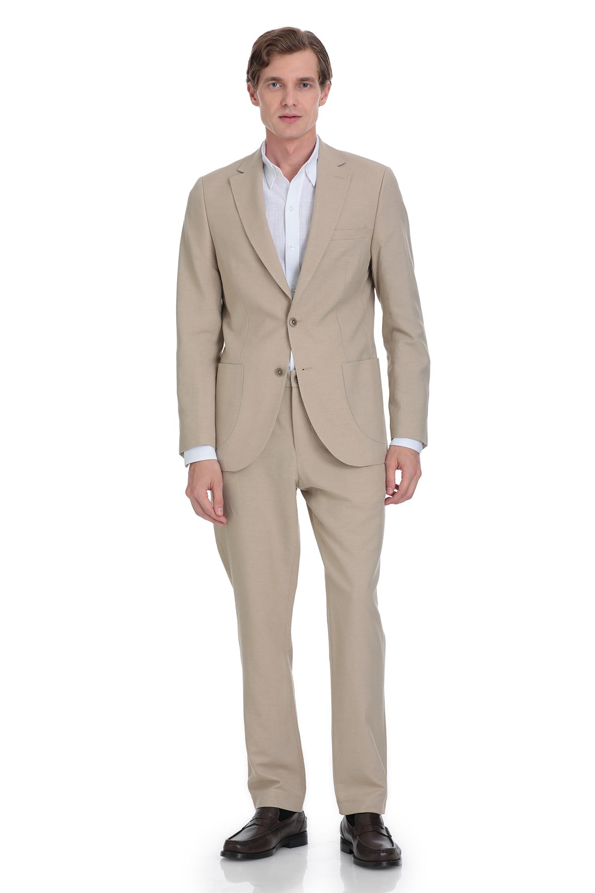 Beige two-button suit with a tailored fit and subtle texture.