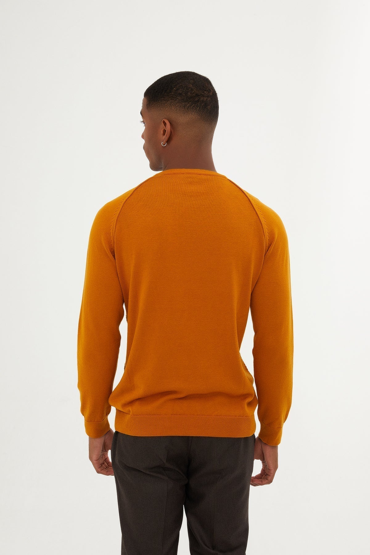 Slim Fit Mustard Cotton Blend Crewneck Sweater - SAYKI