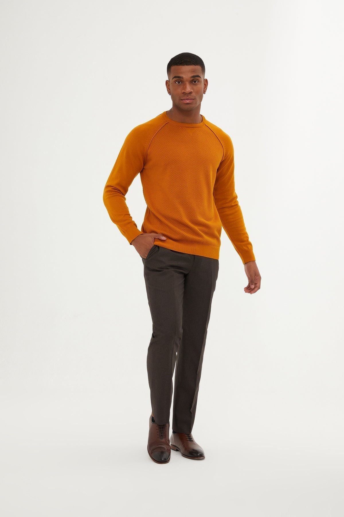 Slim Fit Mustard Cotton Blend Crewneck Sweater - SAYKI
