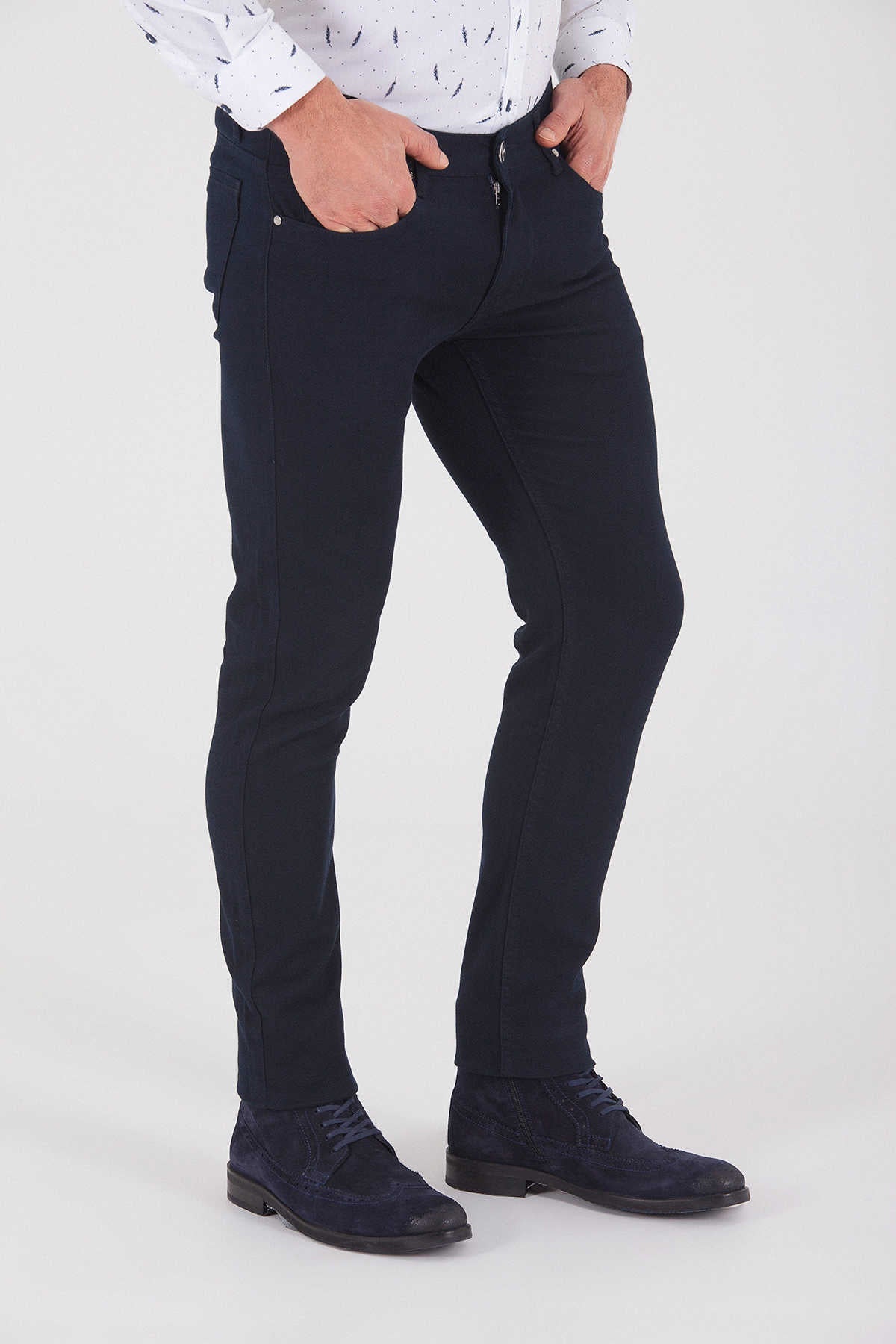 Slim Fit Navy 5 Pocket Cotton Low Waist Casual Pants - SAYKI