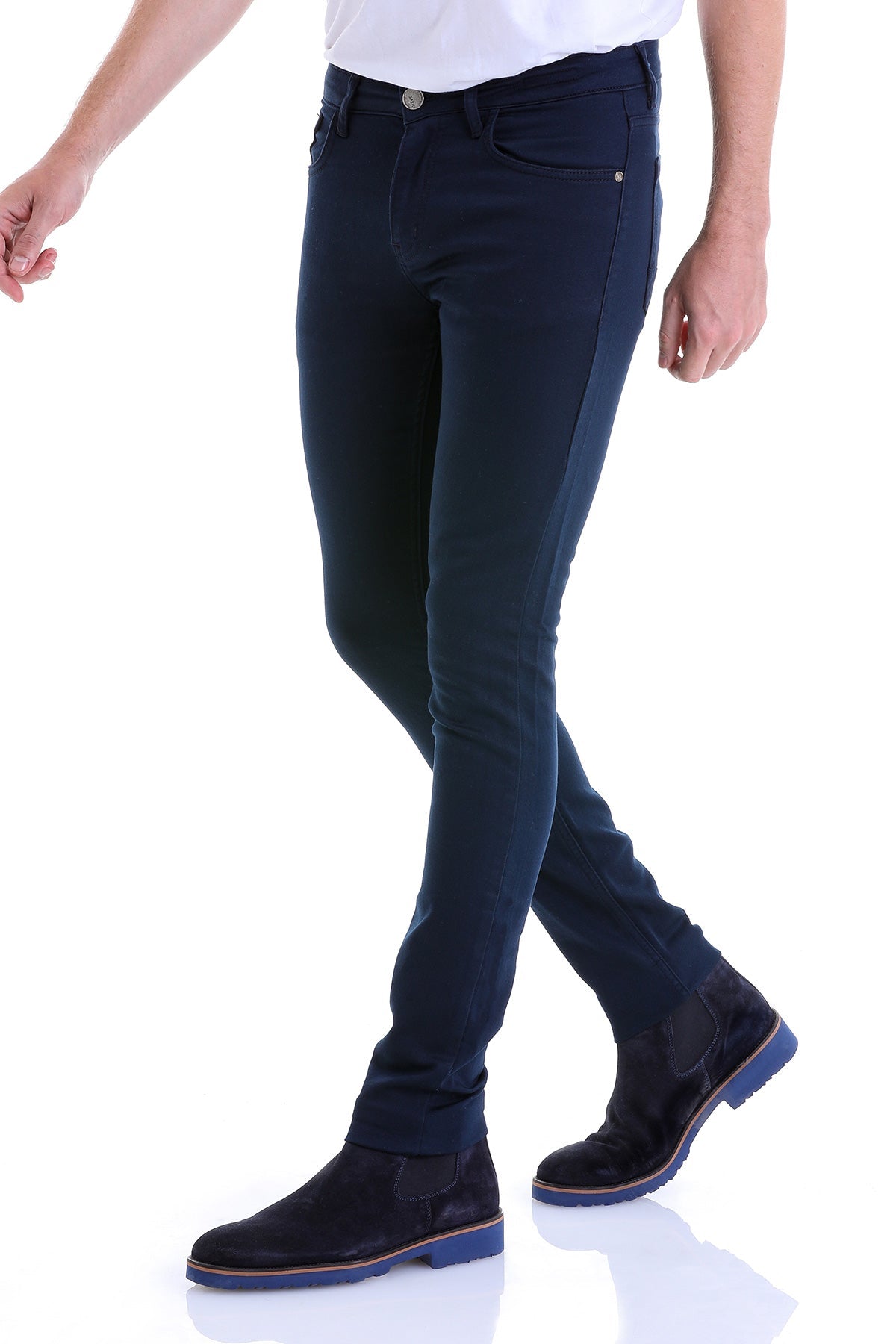 Slim Fit Navy 5 Pocket Low Waist Cotton Casual Pants - SAYKI