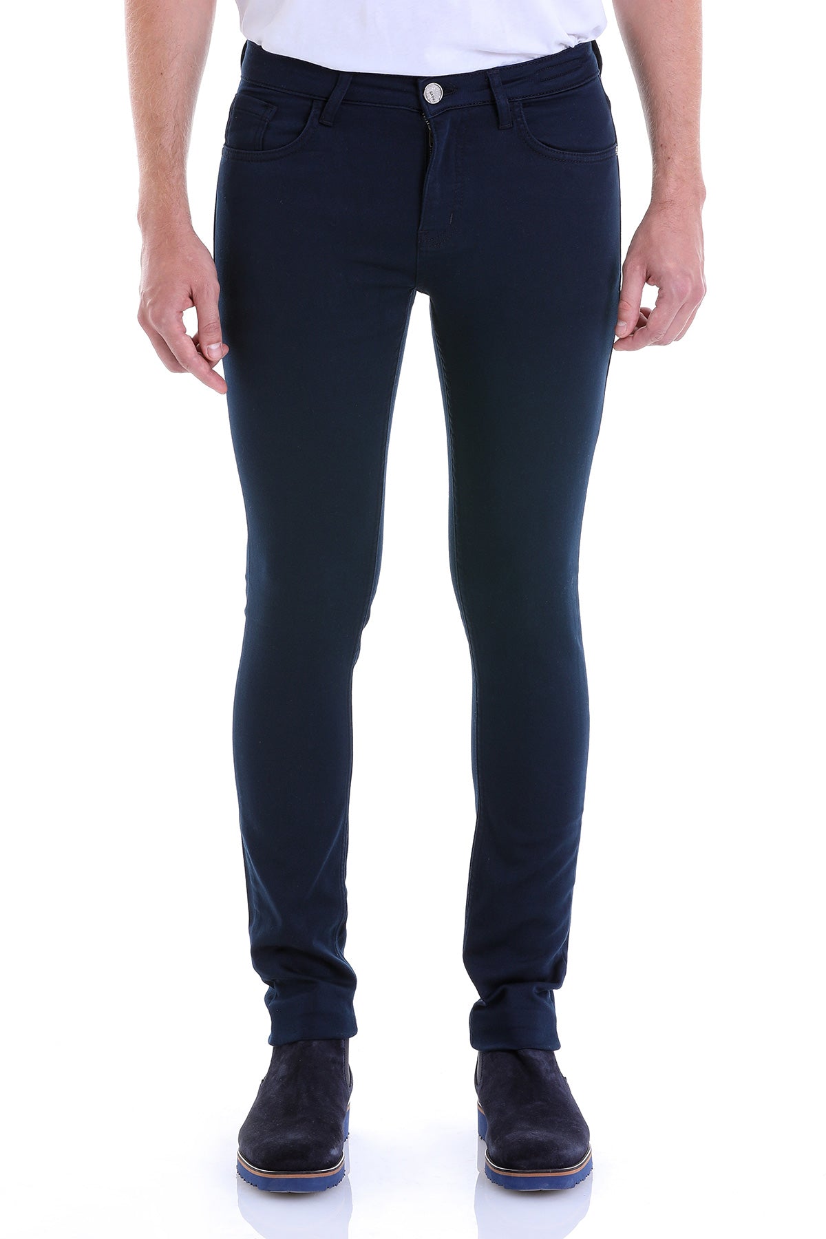 Dark navy slim-fit jeans with a classic five-pocket design and a button closure.