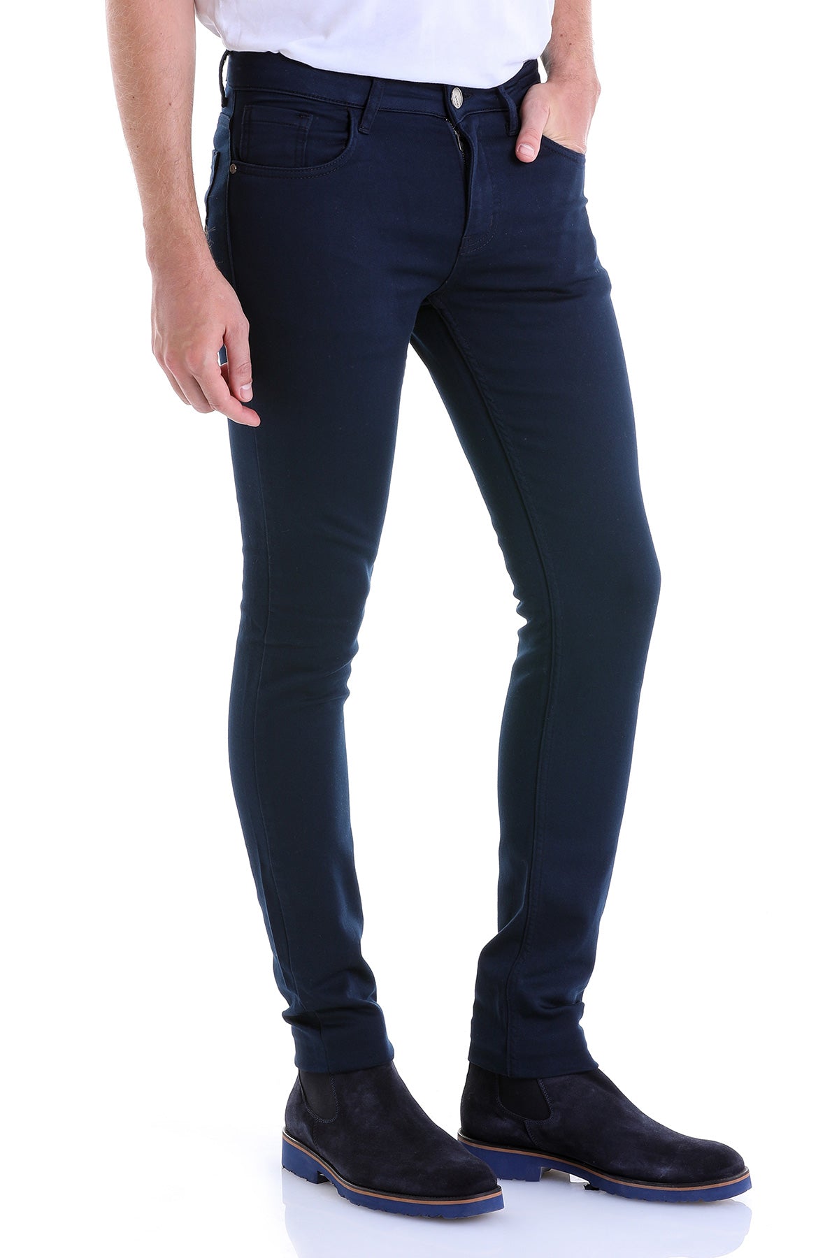 Slim Fit Navy 5 Pocket Low Waist Cotton Casual Pants - SAYKI
