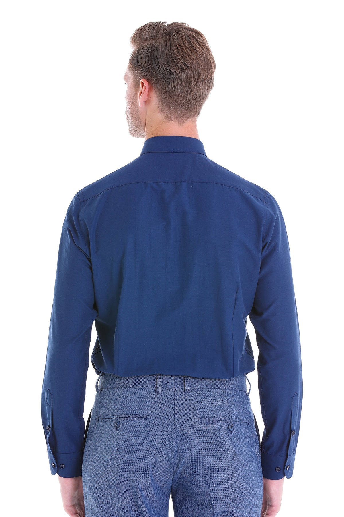 Slim Fit Navy Cotton Blend Dress Shirt - SAYKI