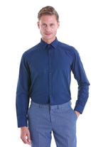 Slim Fit Navy Cotton Blend Dress Shirt - SAYKI