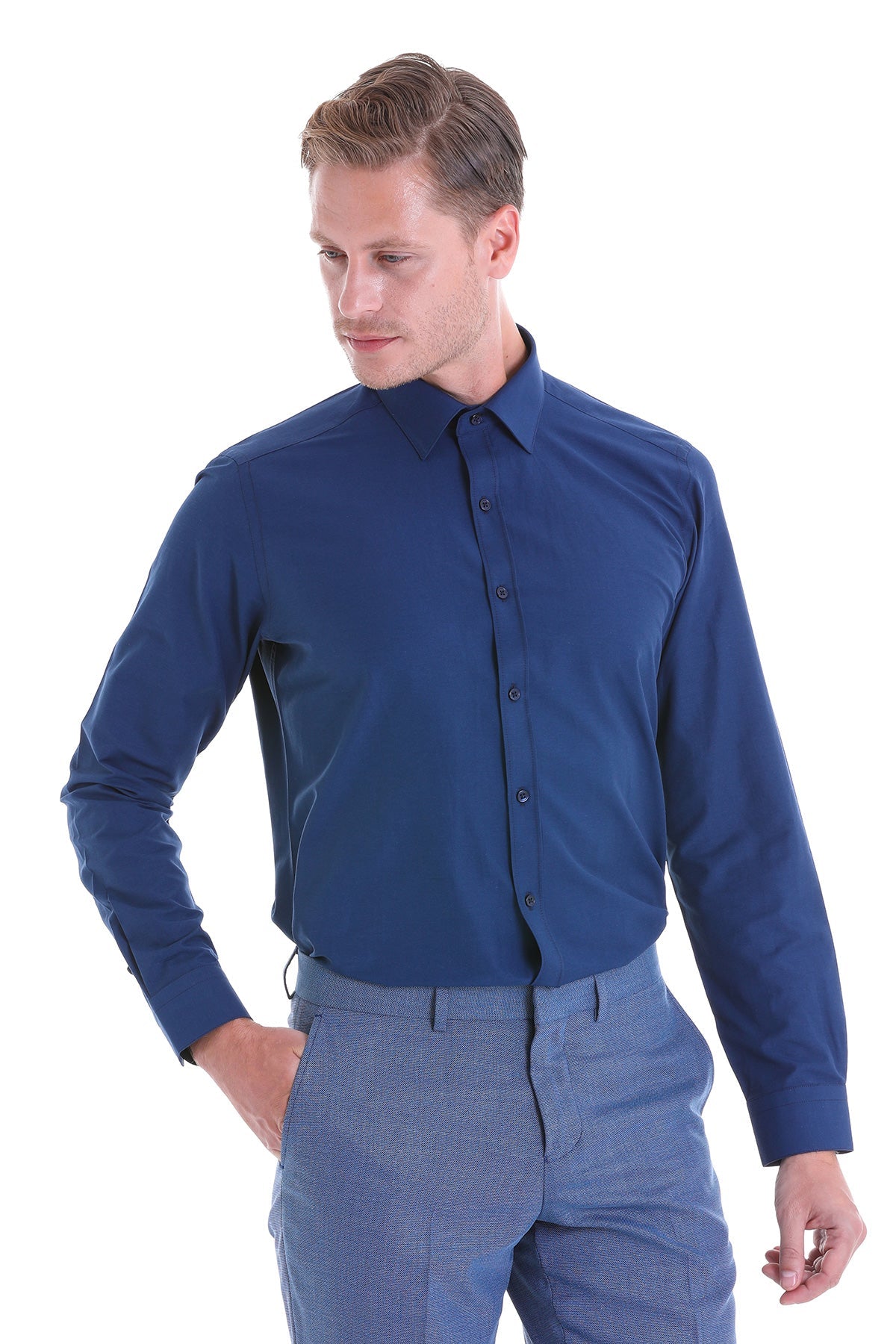Slim Fit Navy Cotton Blend Dress Shirt - SAYKI