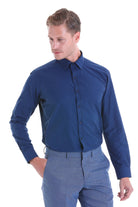 Slim Fit Navy Cotton Blend Dress Shirt - SAYKI