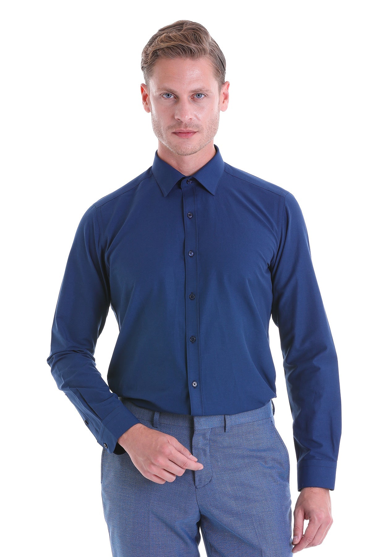 Slim Fit Navy Cotton Blend Dress Shirt - SAYKI