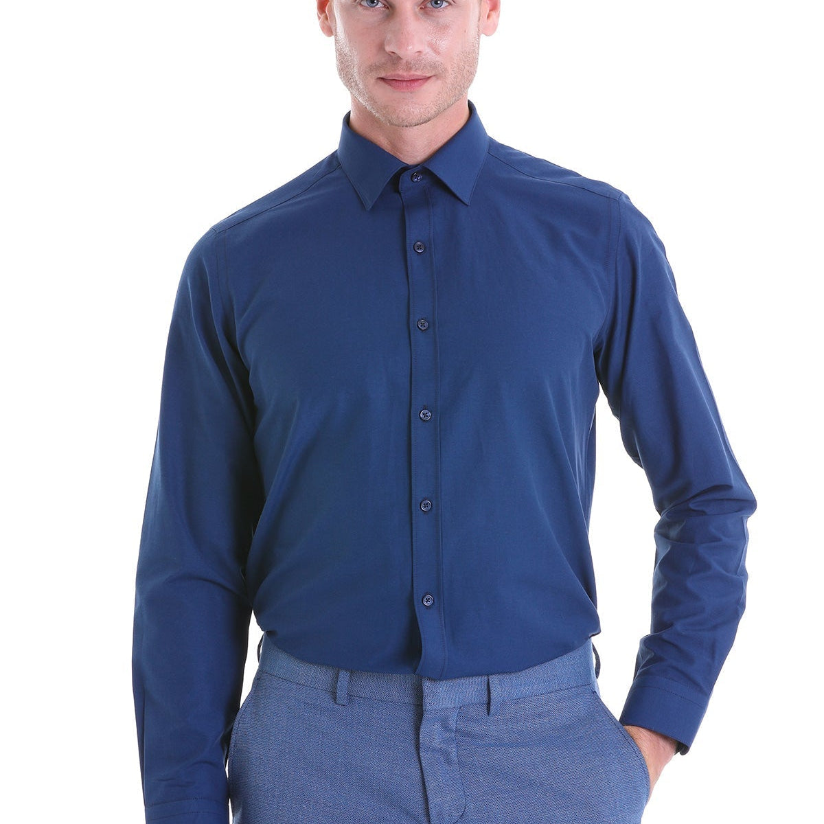 dress shirt slim fit Men's Slim Fit Navy Cotton Blend Dress Shirt