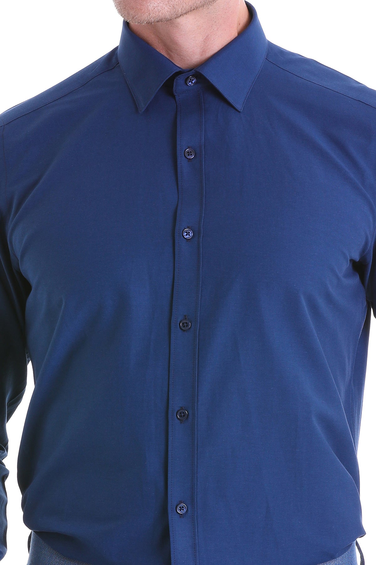 Slim Fit Navy Cotton Blend Dress Shirt - SAYKI