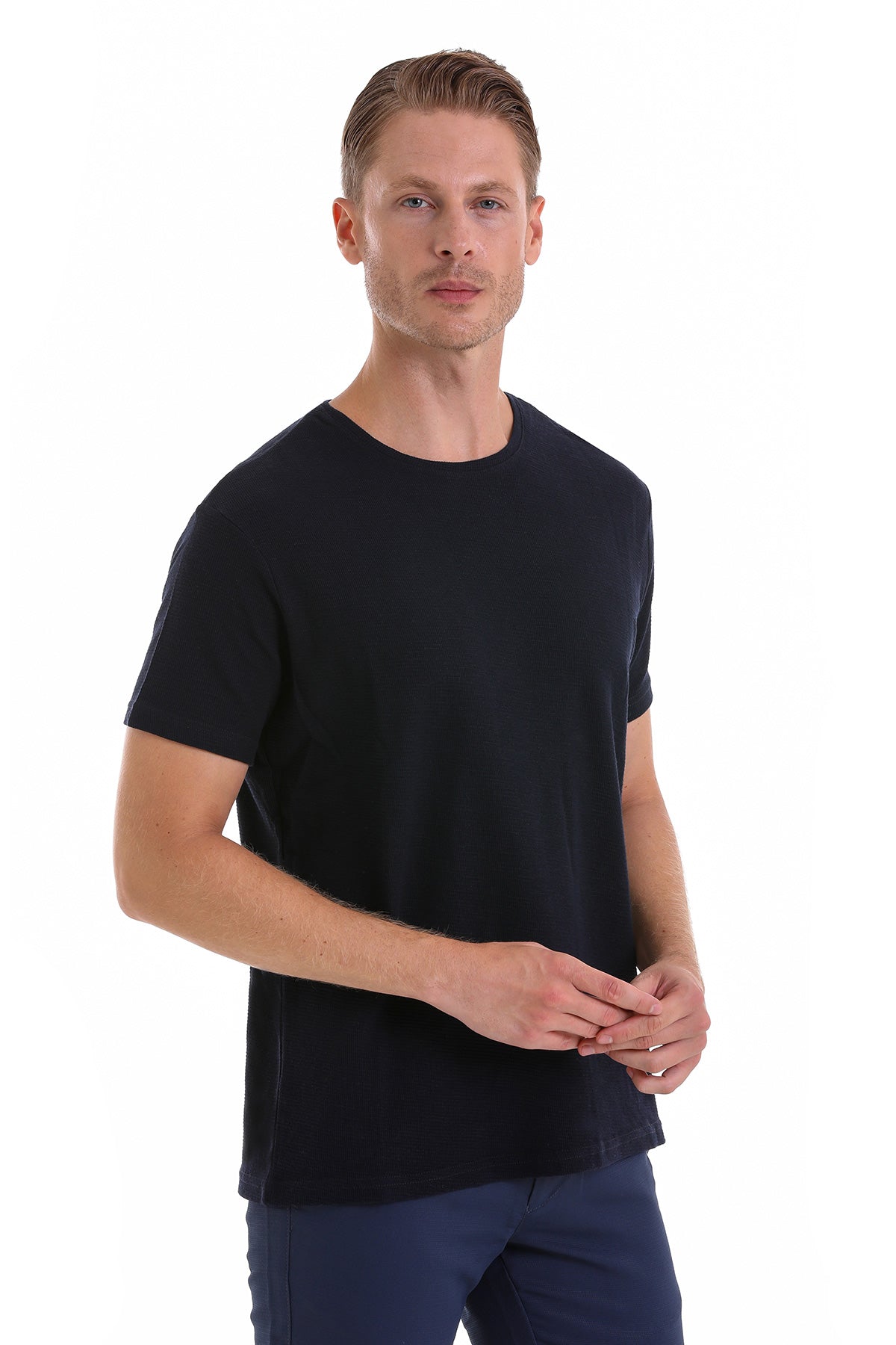 Slim Fit Navy Cotton Crew Neck T-Shirt - SAYKI