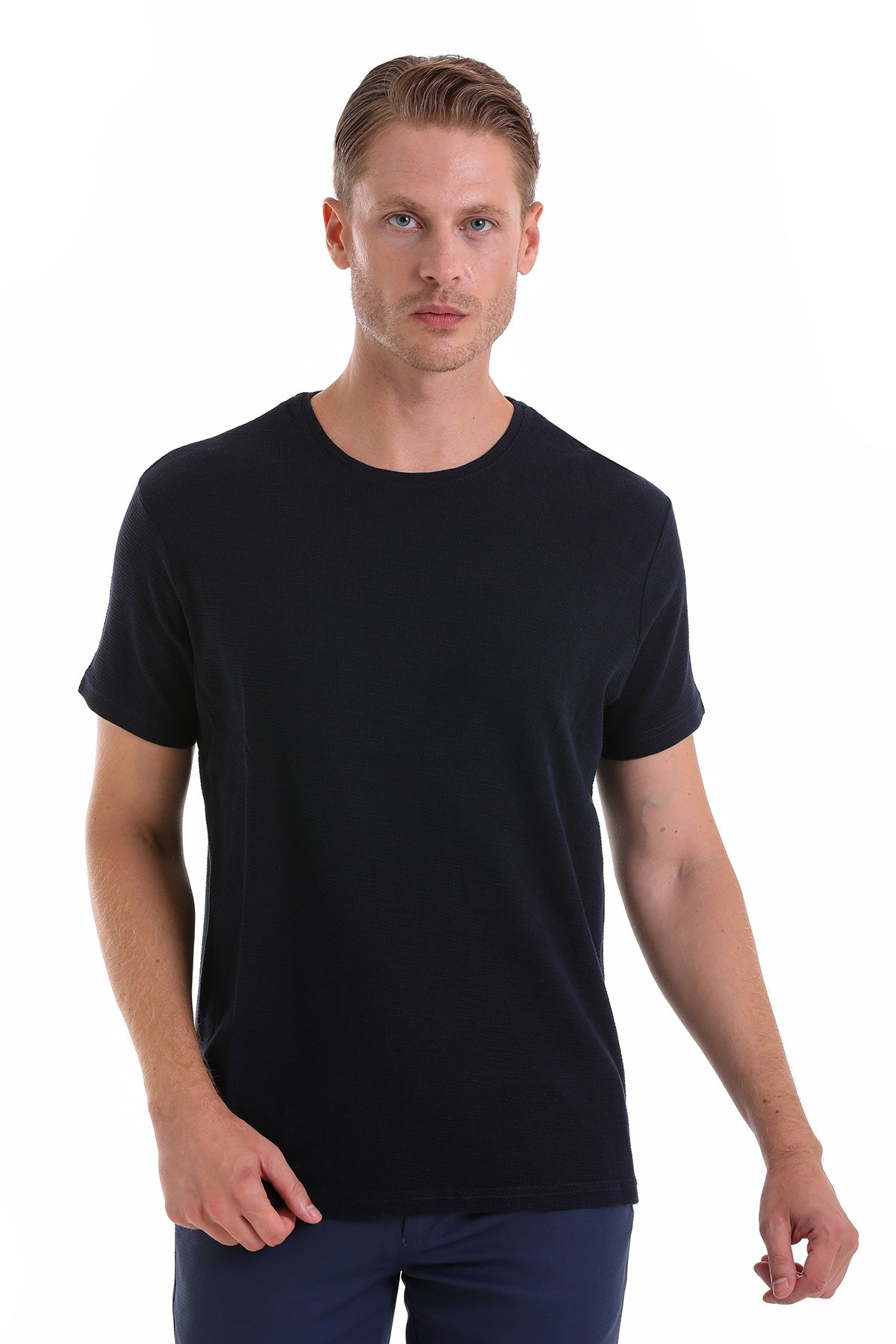 Slim Fit Navy Cotton Crew Neck T-Shirt - SAYKI