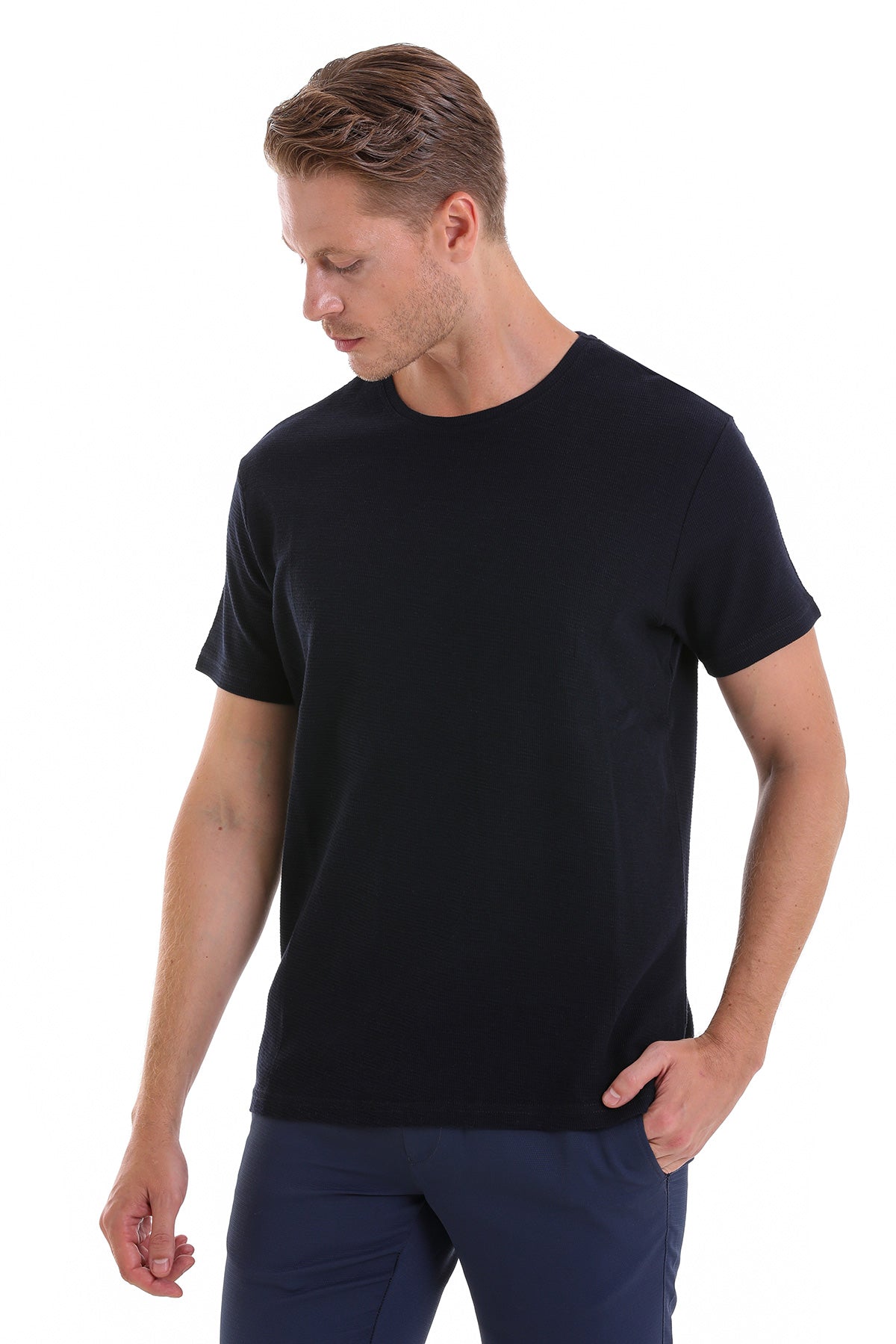 Slim Fit Navy Cotton Crew Neck T-Shirt - SAYKI