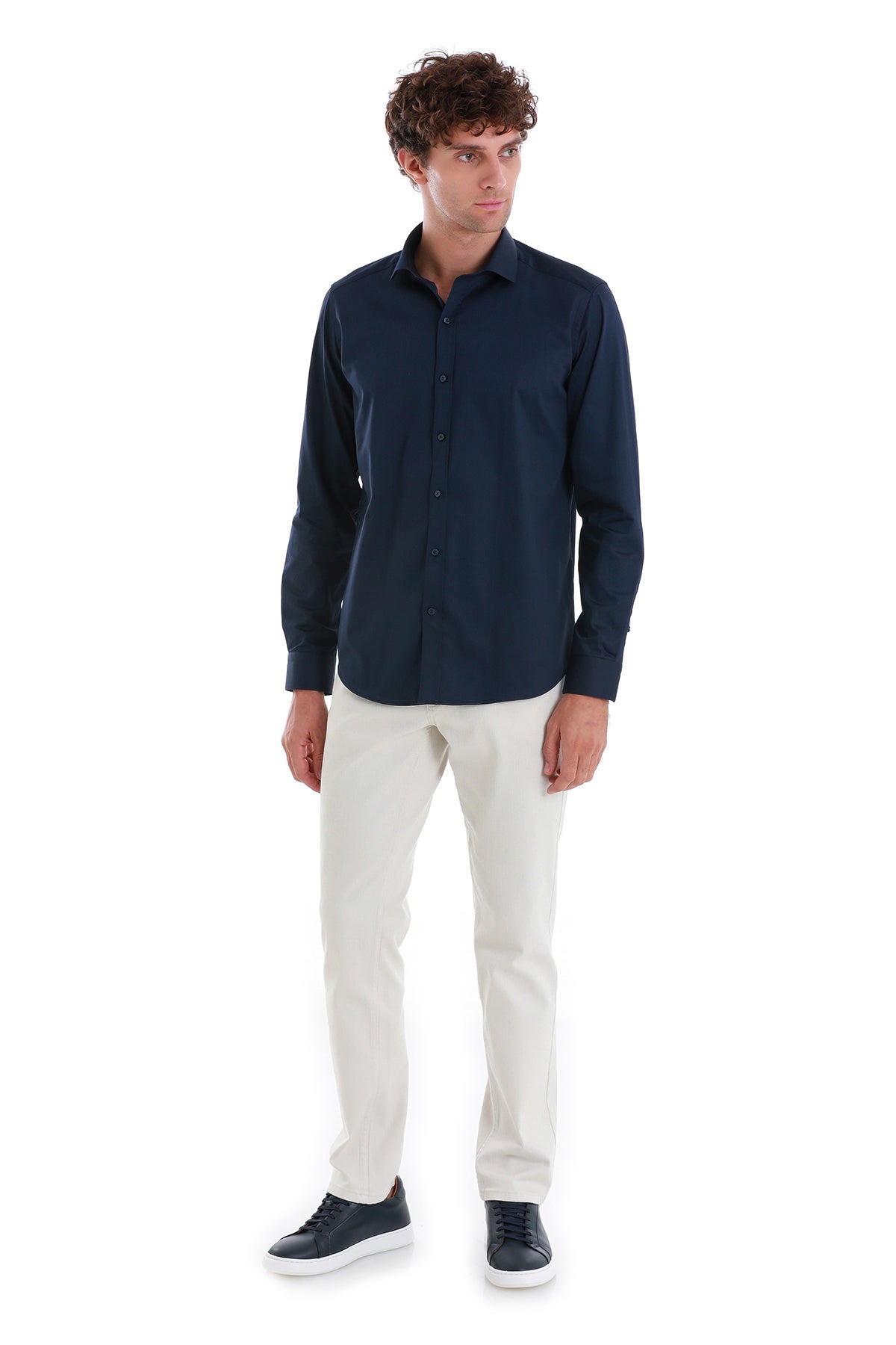 Slim Fit Navy Long Sleeve 100% Cotton Dress Shirt - SAYKI