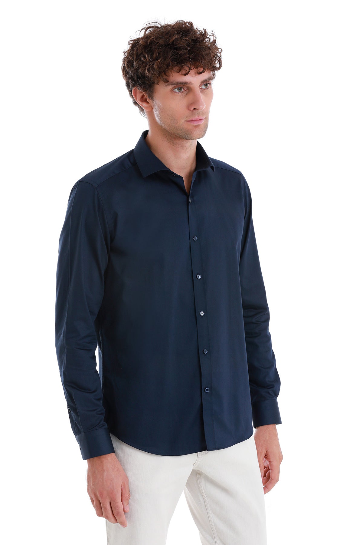 Slim Fit Navy Long Sleeve 100% Cotton Dress Shirt - SAYKI