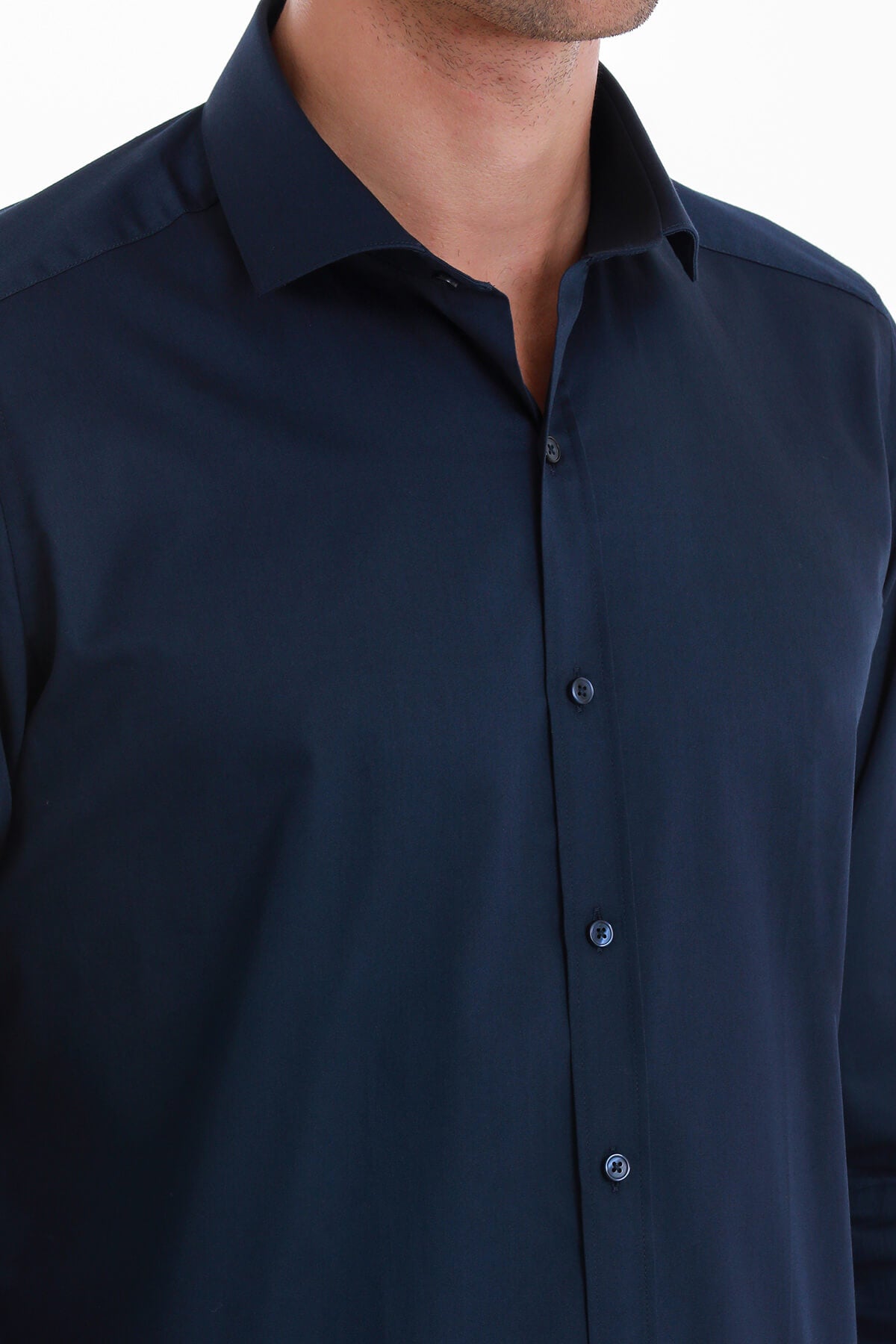 Slim Fit Navy Long Sleeve 100% Cotton Dress Shirt - SAYKI