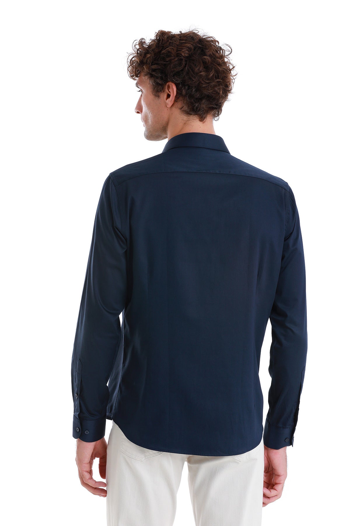 Slim Fit Navy Long Sleeve 100% Cotton Dress Shirt - SAYKI