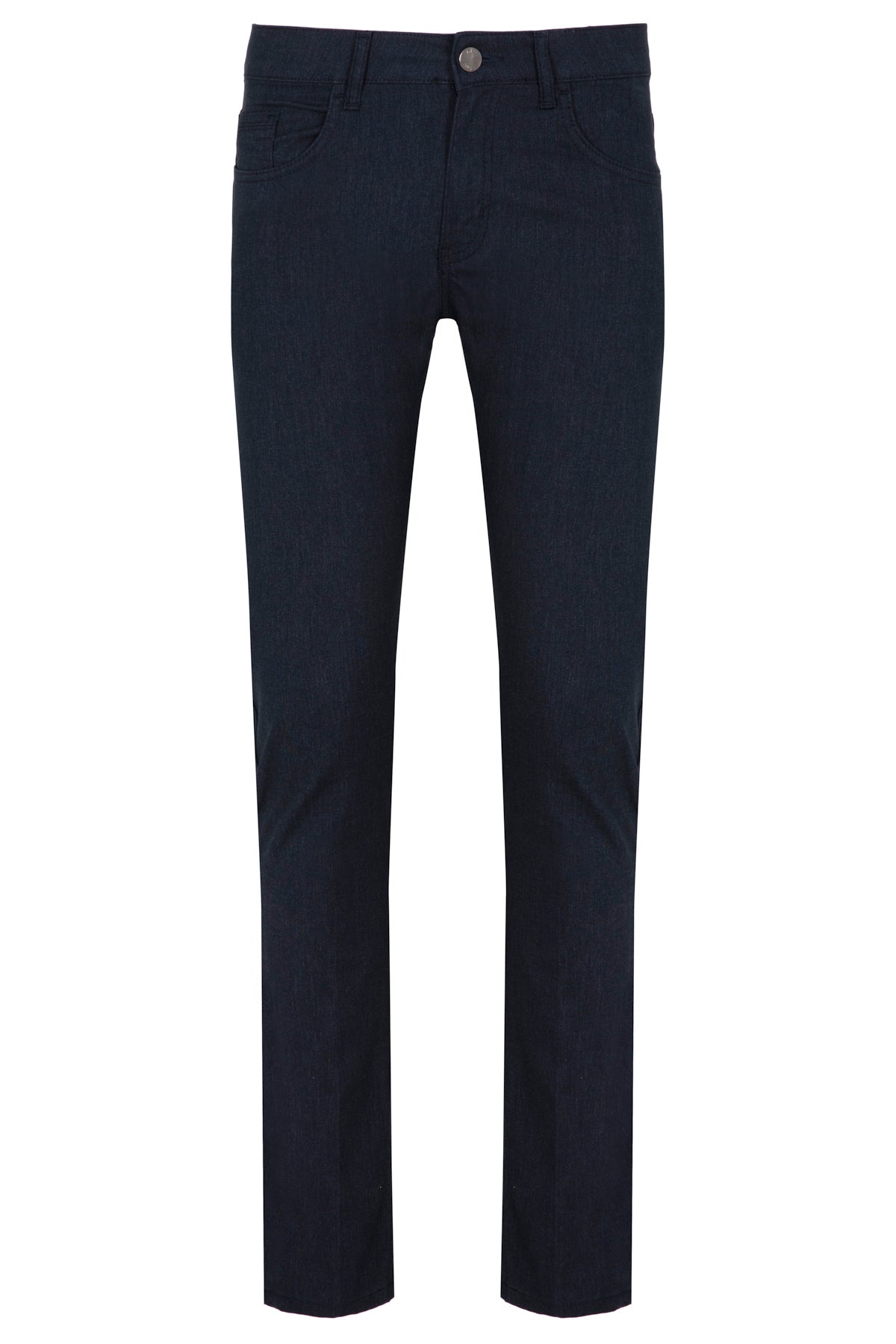 Dark navy blue slim-fit trousers with a classic five-pocket design and a button closure.