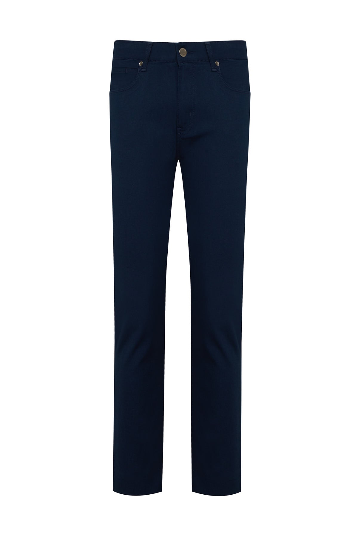 Navy blue straight-leg trousers with a classic button closure and subtle stitching details