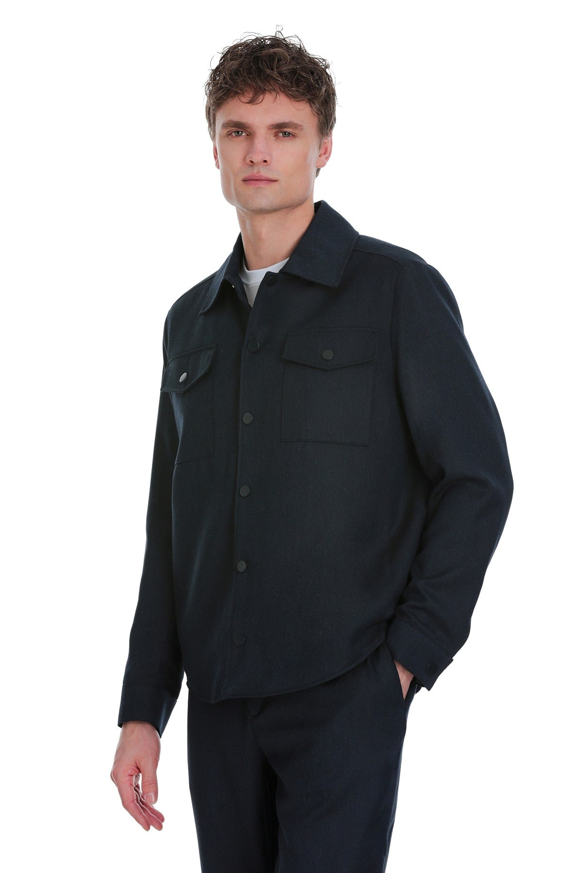 Slim Fit Navy Notch Lapel Overshirt Casual Suit - SAYKI