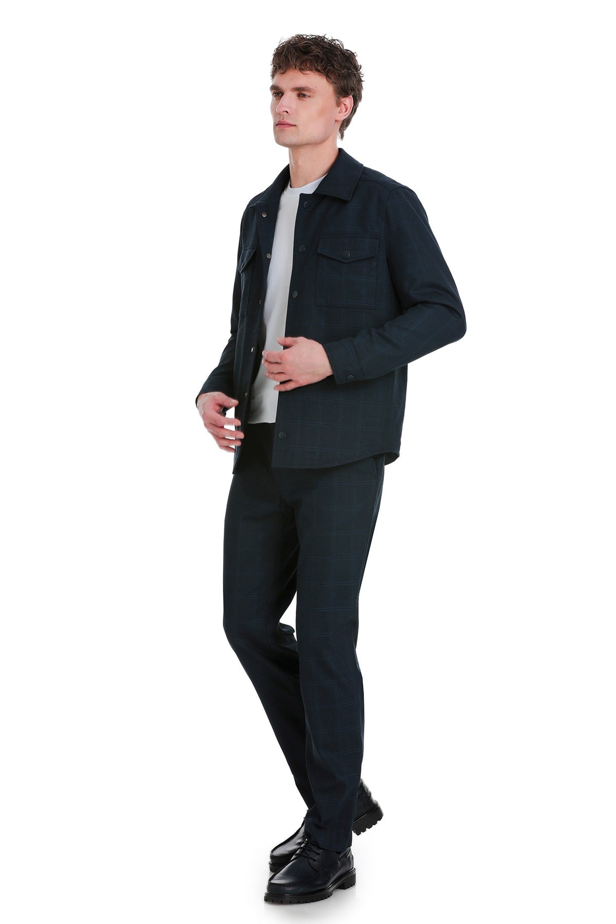 Slim Fit Navy Notch Lapel Plaid Overshirt Casual Suit