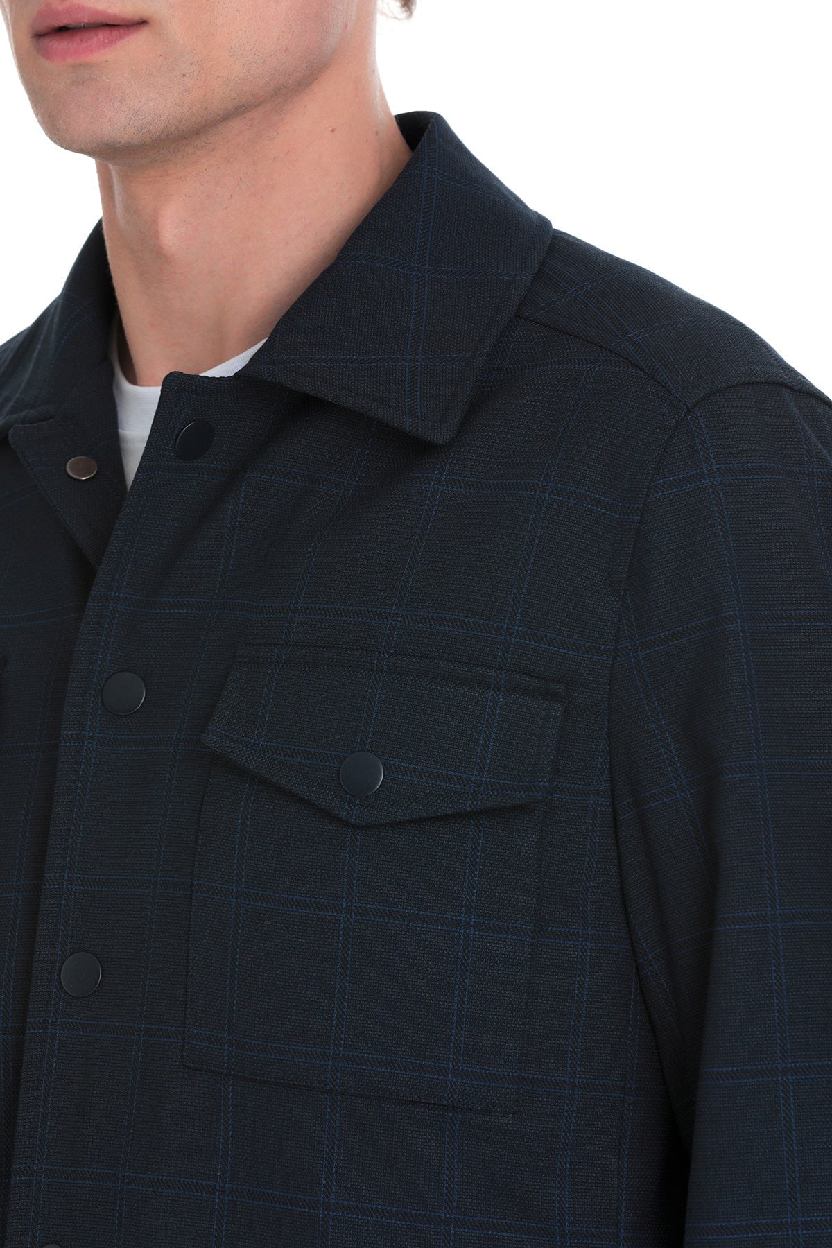 Slim Fit Navy Notch Lapel Plaid Overshirt Casual Suit