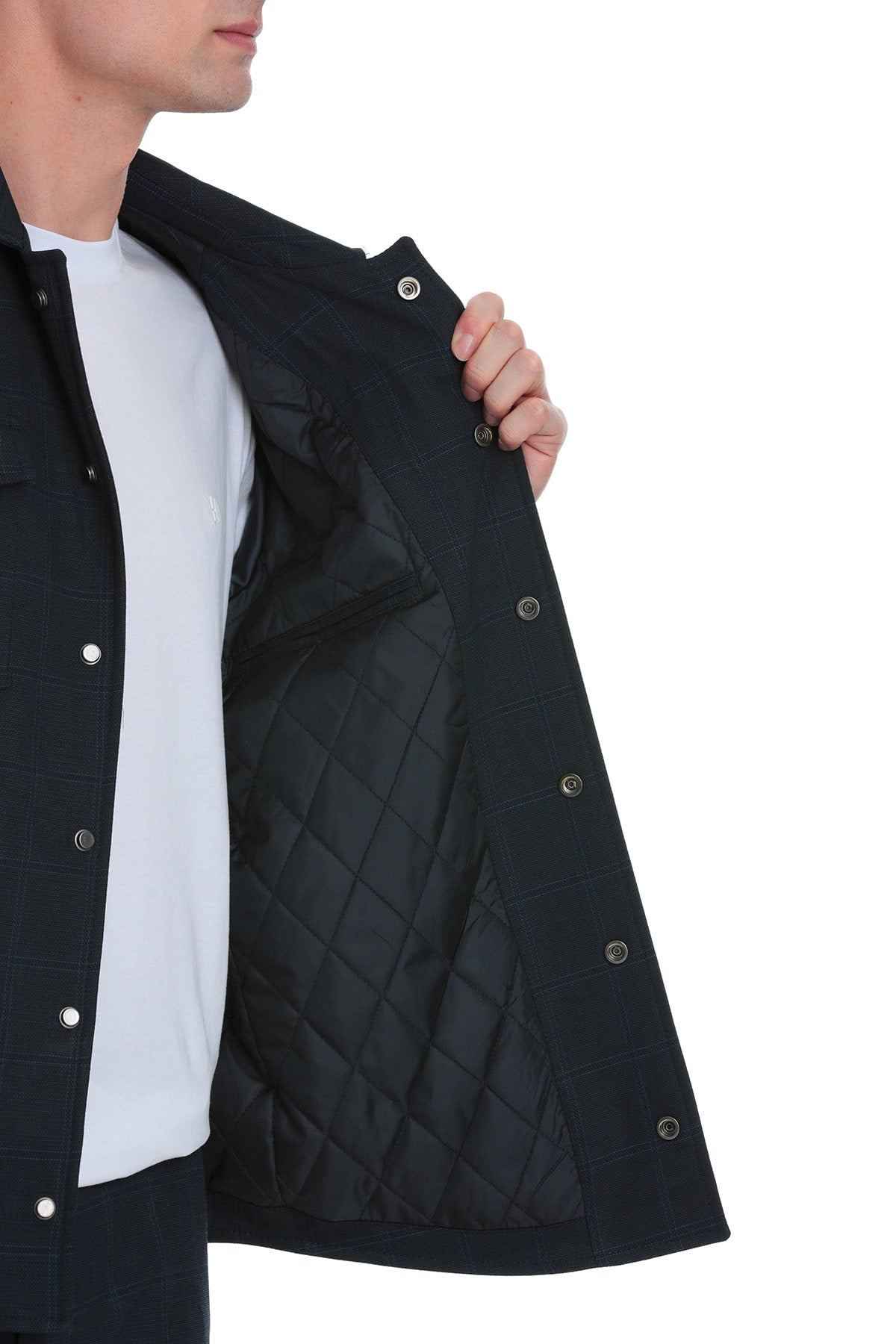 Slim Fit Navy Notch Lapel Plaid Overshirt Casual Suit