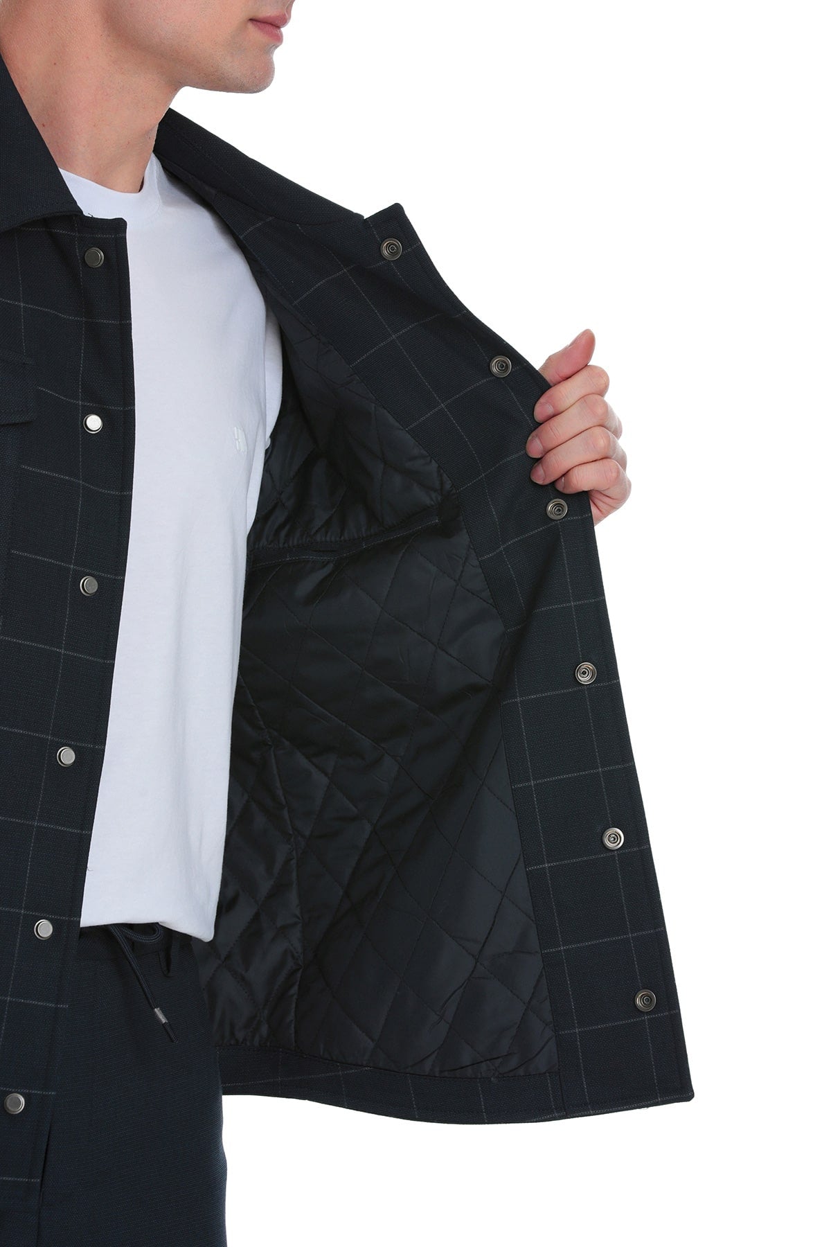 Slim Fit Navy Notch Lapel Windowpane Overshirt Casual Suit