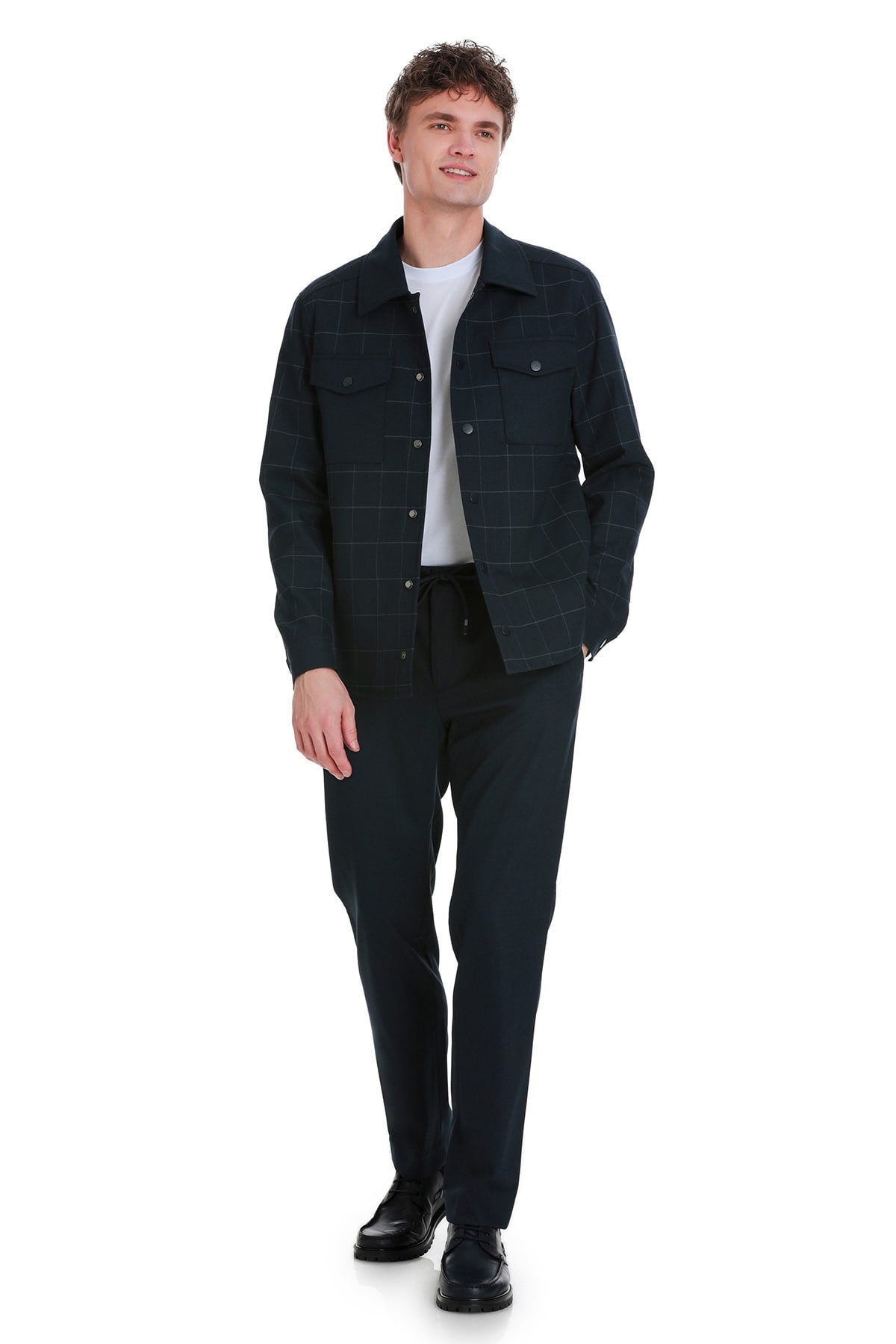 Slim Fit Navy Notch Lapel Windowpane Overshirt Casual Suit