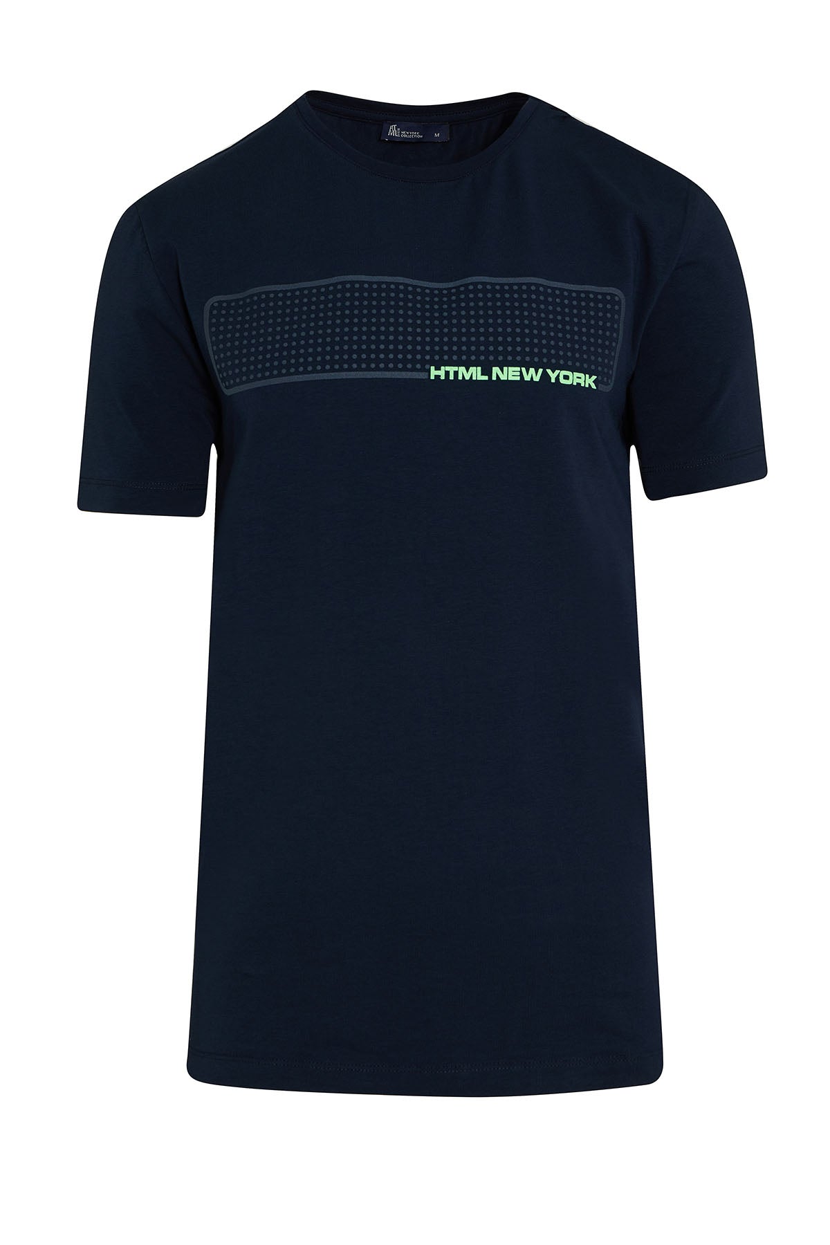 Slim Fit Navy Printed Cotton Blend Crew Neck T-Shirt - SAYKI
