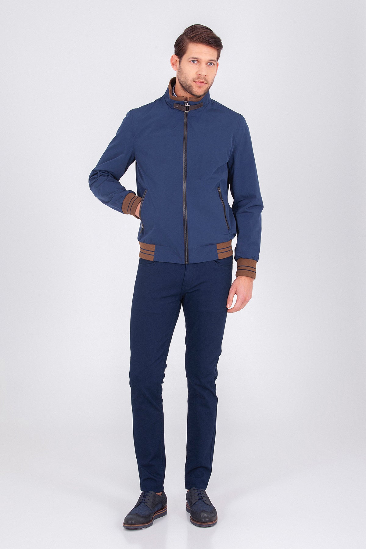 Slim Fit Navy Seasonal Stand Collar Wool Blend Coat - SAYKI