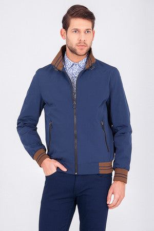 Slim Fit Navy Seasonal Stand Collar Wool Blend Coat - SAYKI