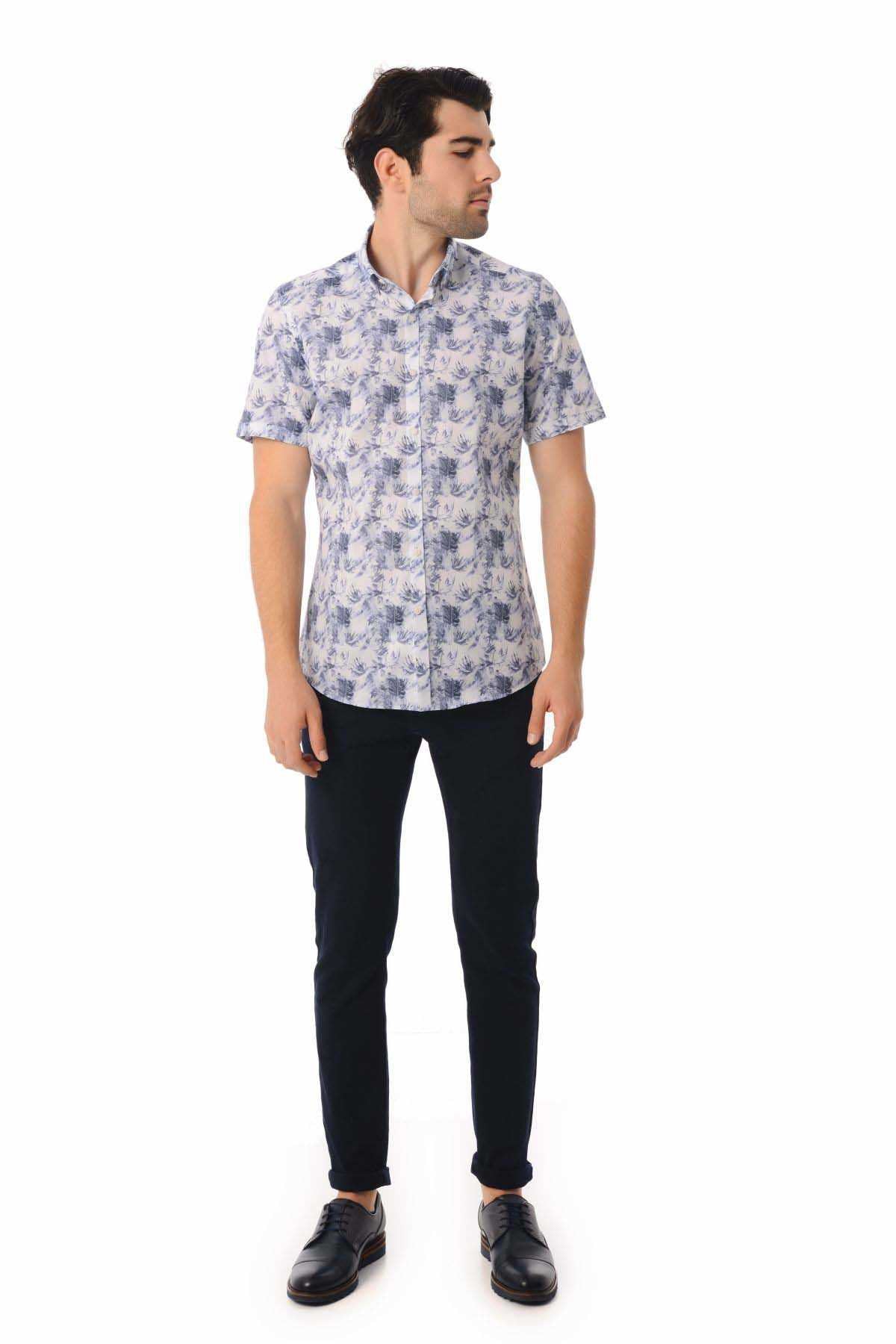Slim Fit Navy Short Sleeve Printed Cotton Casual Shirt