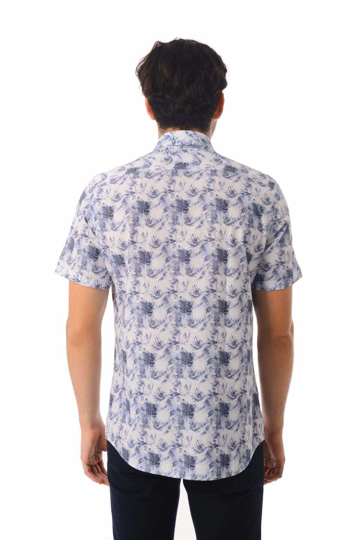 Slim Fit Navy Short Sleeve Printed Cotton Casual Shirt