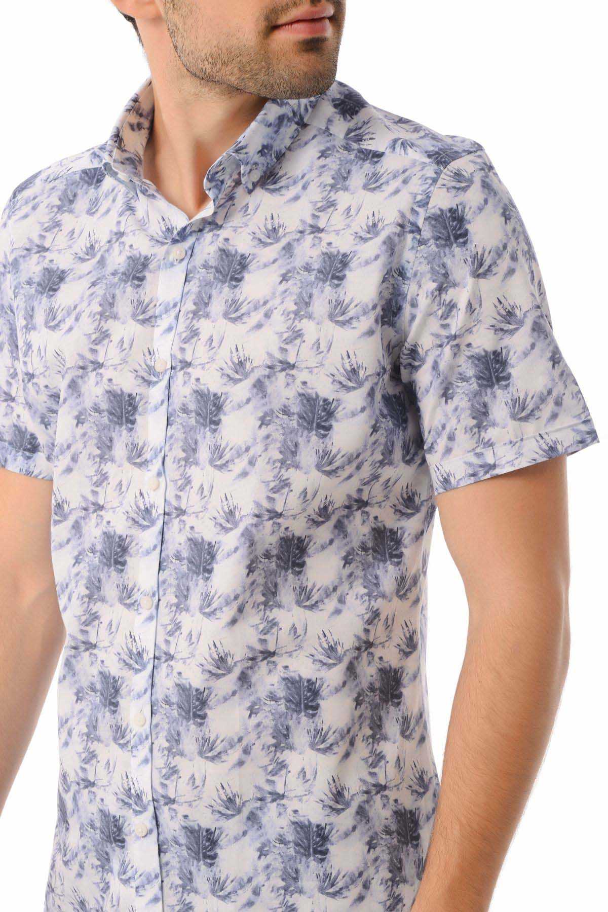Slim Fit Navy Short Sleeve Printed Cotton Casual Shirt