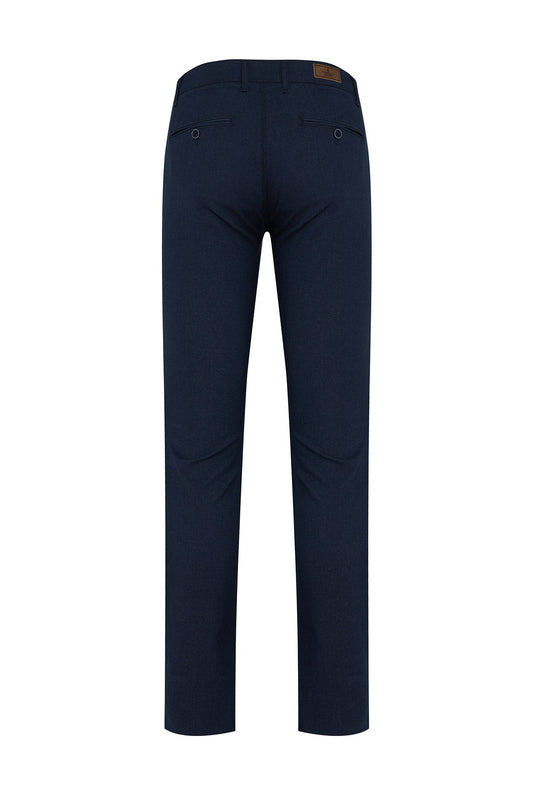 Navy blue chino trousers with a sleek, straight-leg cut and subtle stitching details.