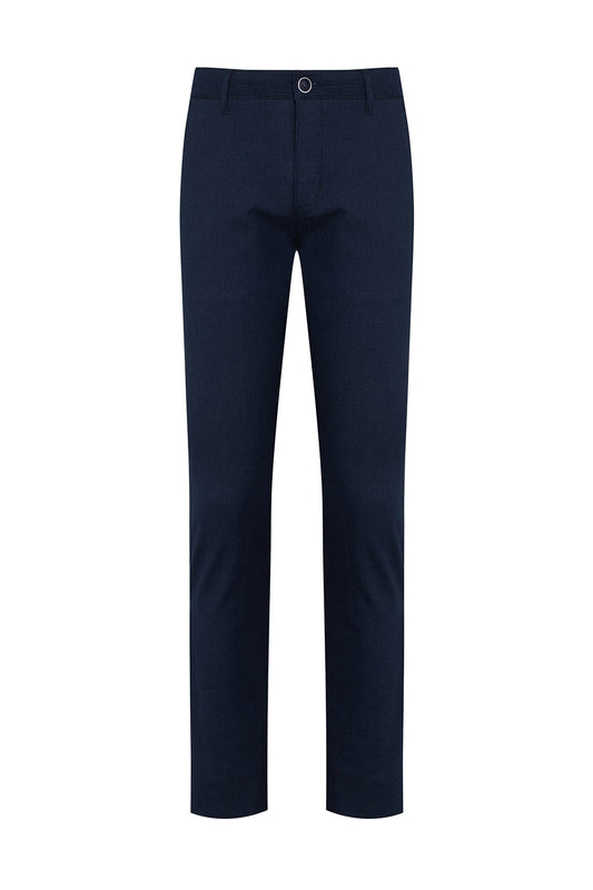Navy blue slim-fit chinos with a subtle woven texture and a classic button closure.