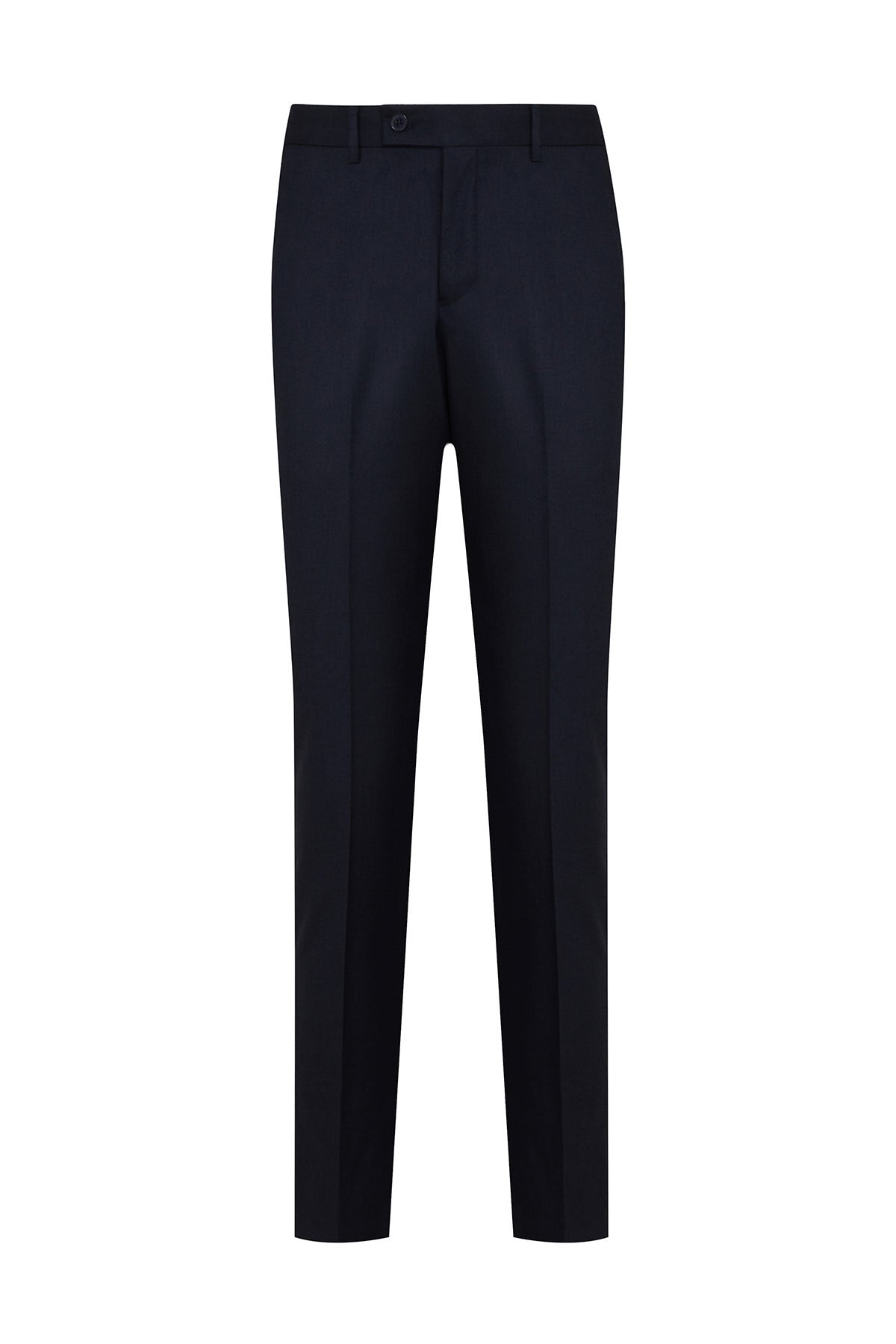Navy blue tailored suit trousers with a sleek, straight-leg cut and subtle creasing.