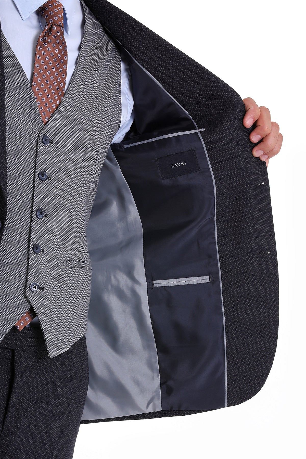 Slim Fit Navy Wool Blend Casual Suit with Vest - SAYKI