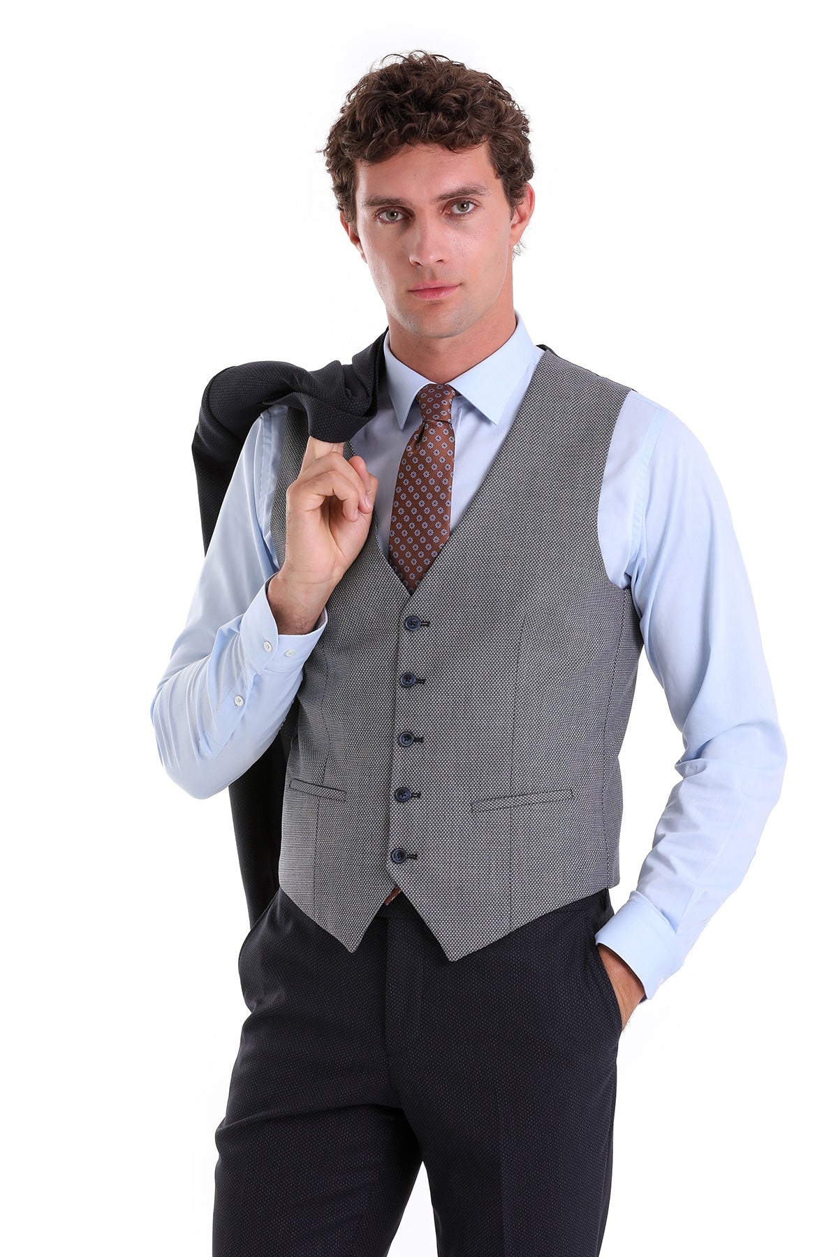 Slim Fit Navy Wool Blend Casual Suit with Vest - SAYKI