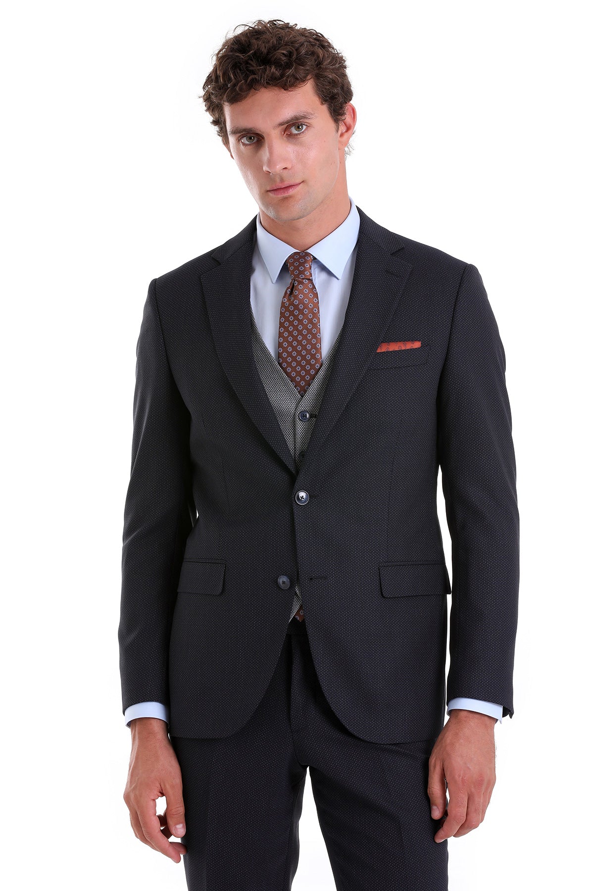 Slim Fit Navy Wool Blend Casual Suit with Vest - SAYKI
