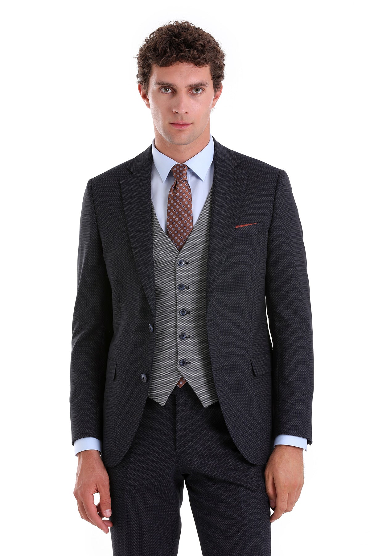 Slim Fit Navy Wool Blend Casual Suit with Vest - SAYKI