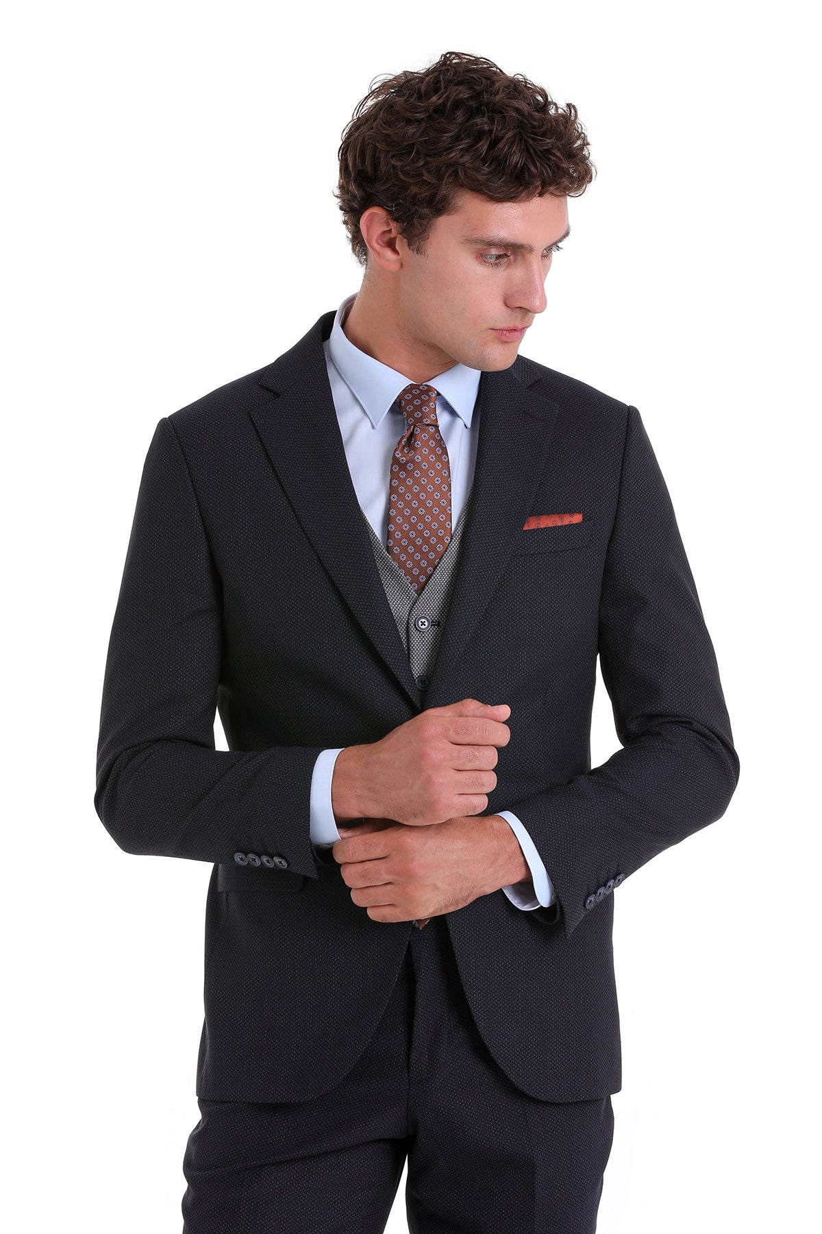 Slim Fit Navy Wool Blend Casual Suit with Vest - SAYKI