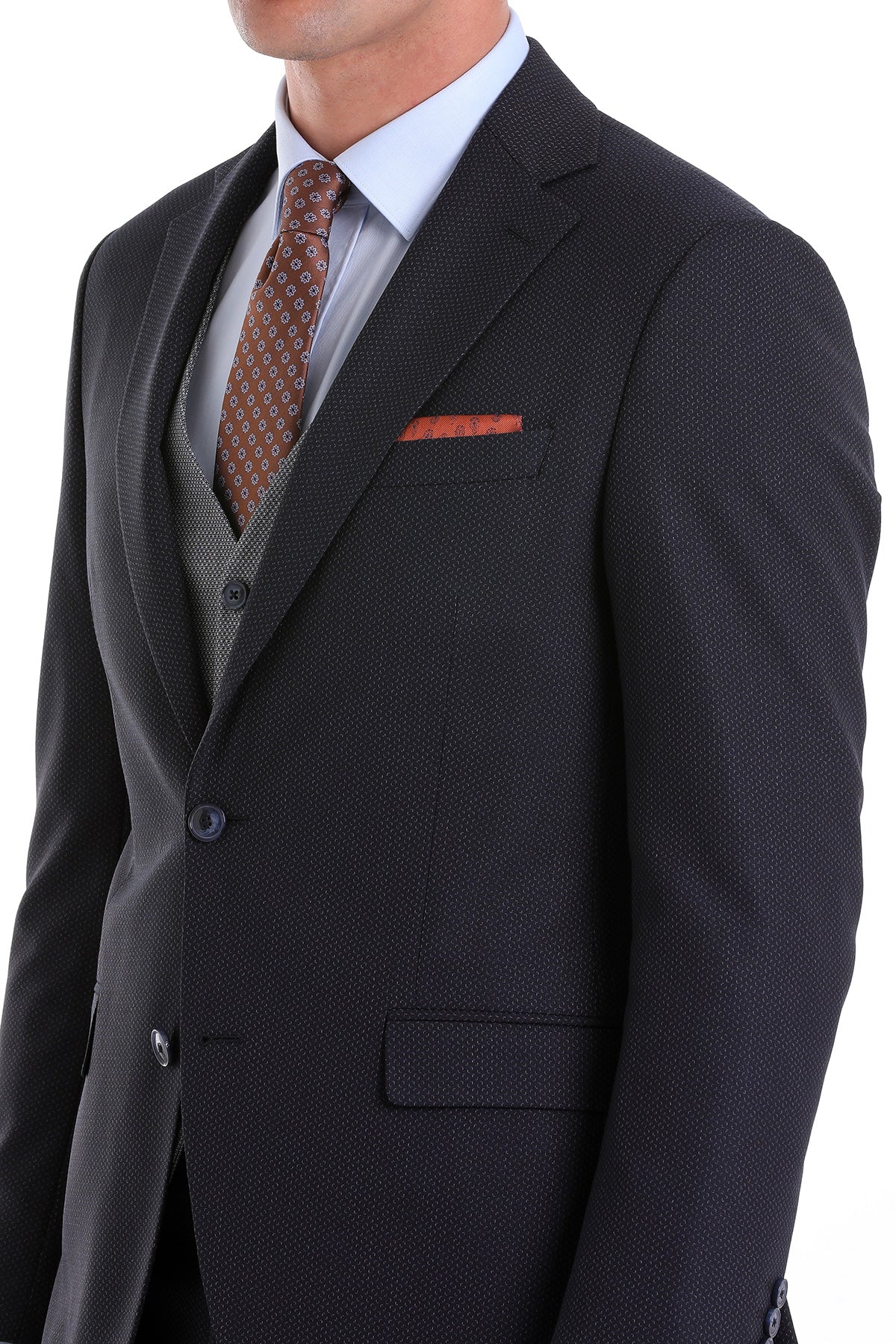 Slim Fit Navy Wool Blend Casual Suit with Vest - SAYKI