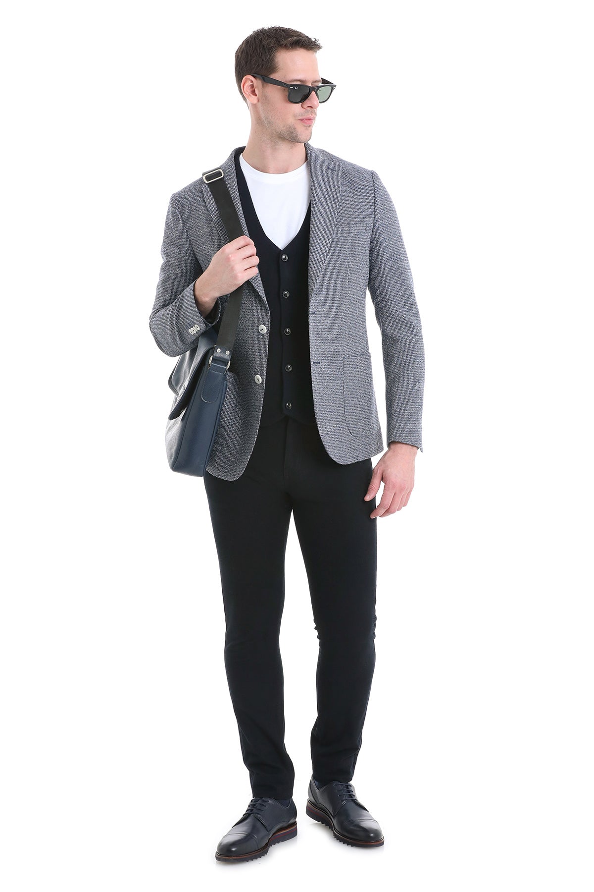 Slim Fit Notch Lapel 100% Wool Navy Classic Blazer - SAYKI