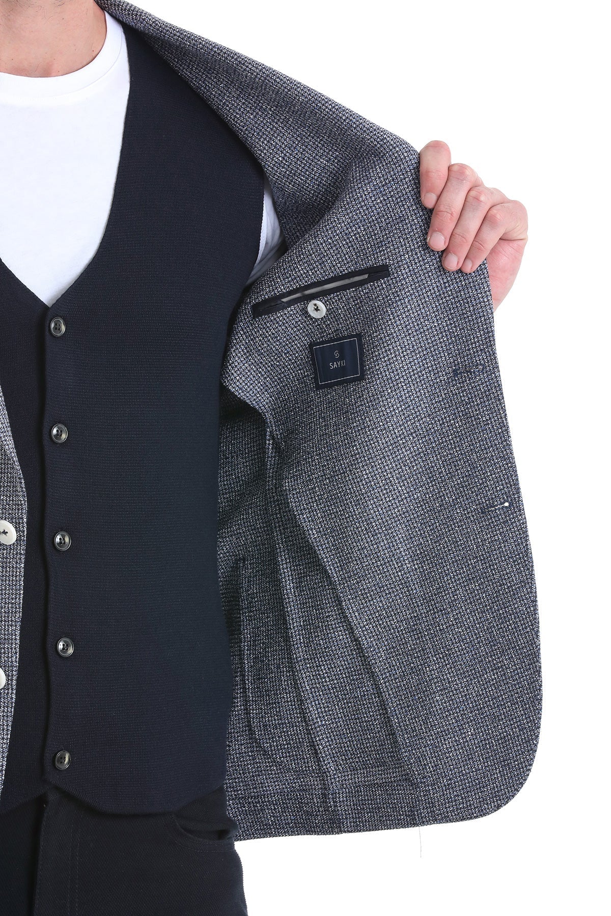 Slim Fit Notch Lapel 100% Wool Navy Classic Blazer - SAYKI