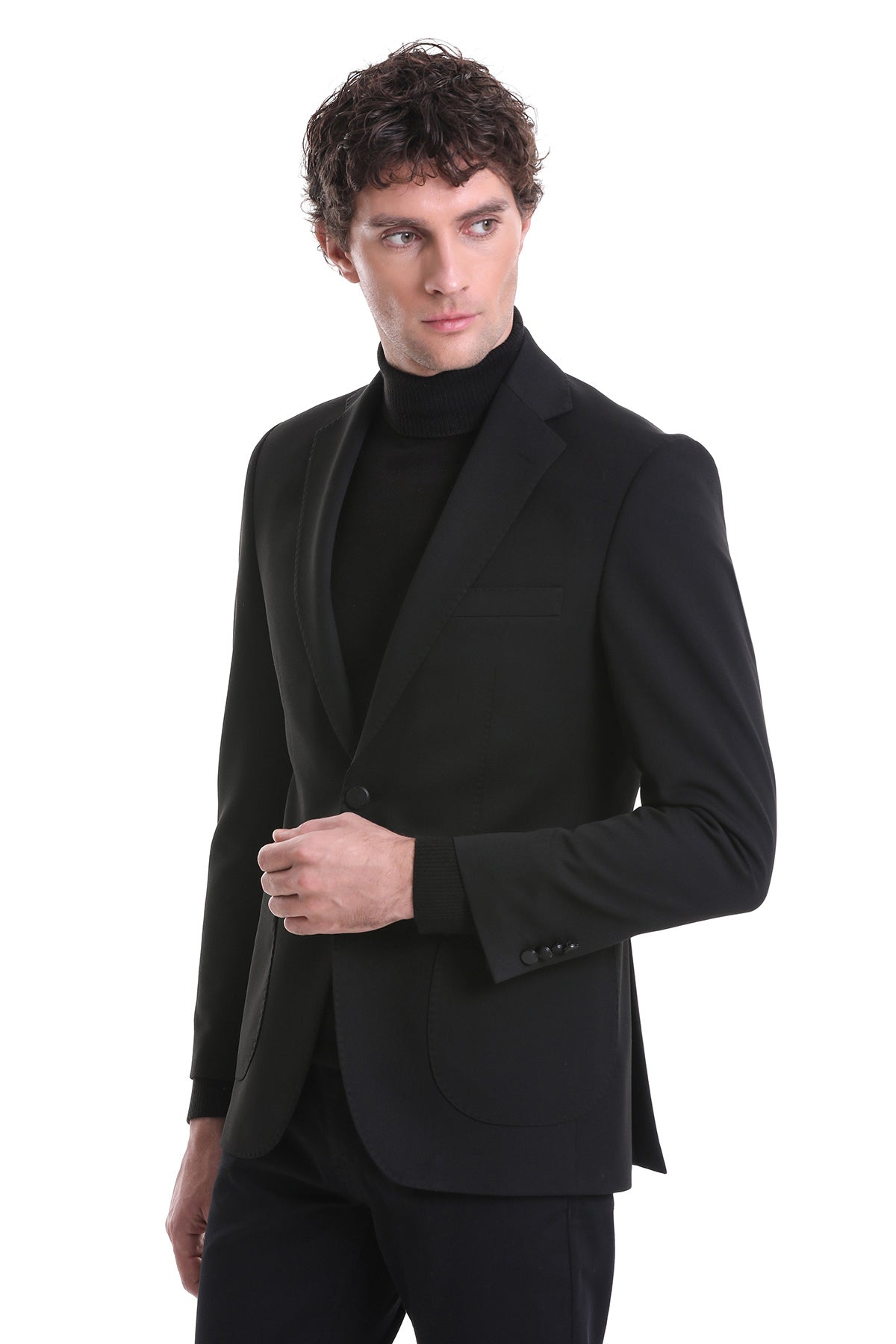 Slim Fit Notch Lapel Black Classic Blazer - SAYKI
