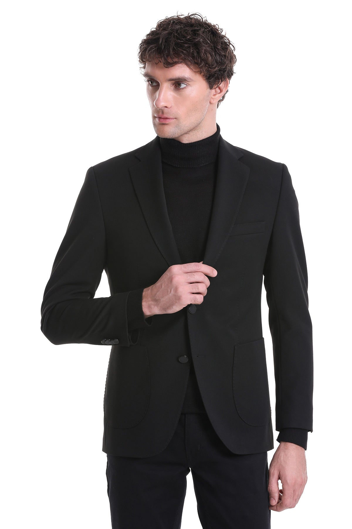 Slim Fit Notch Lapel Black Classic Blazer - SAYKI