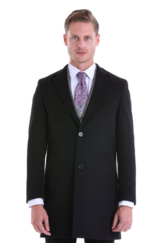 Black tailored overcoat with a single-breasted design, featuring three buttons and subtle lapel detailing.